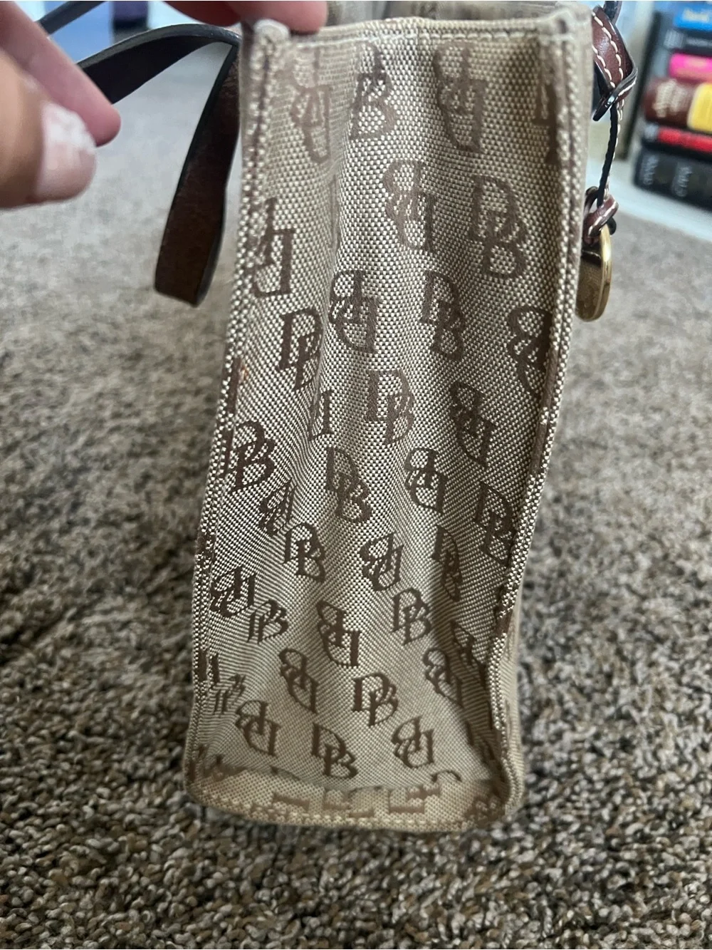 Vintage Dooney & Bourke Beige Signature Canvas Tote with Brown Trim